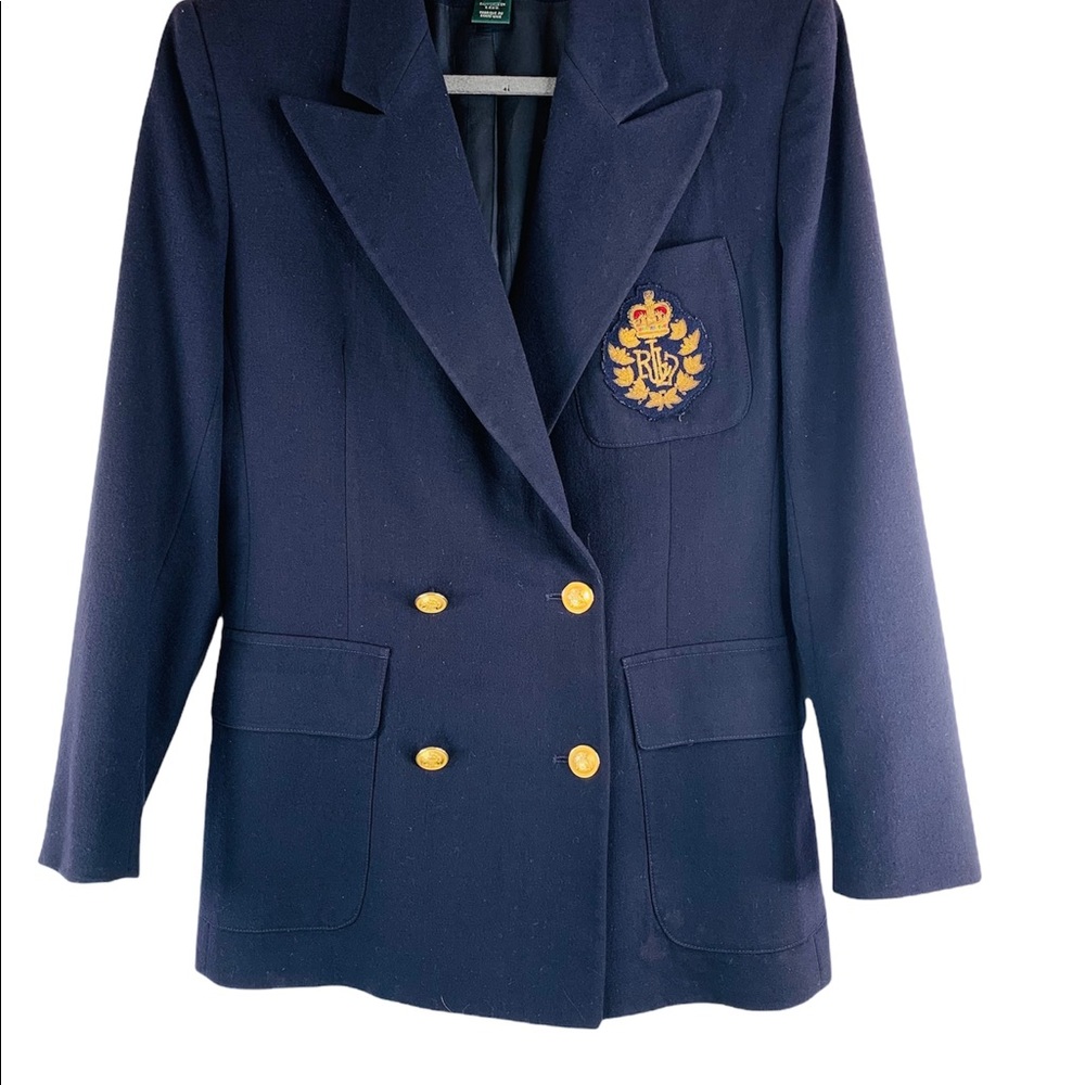 Vintage Lauren Ralph Lauren Navy Wool Crested Blazer Pocket Patch Size 8 - Picture 5 of 10